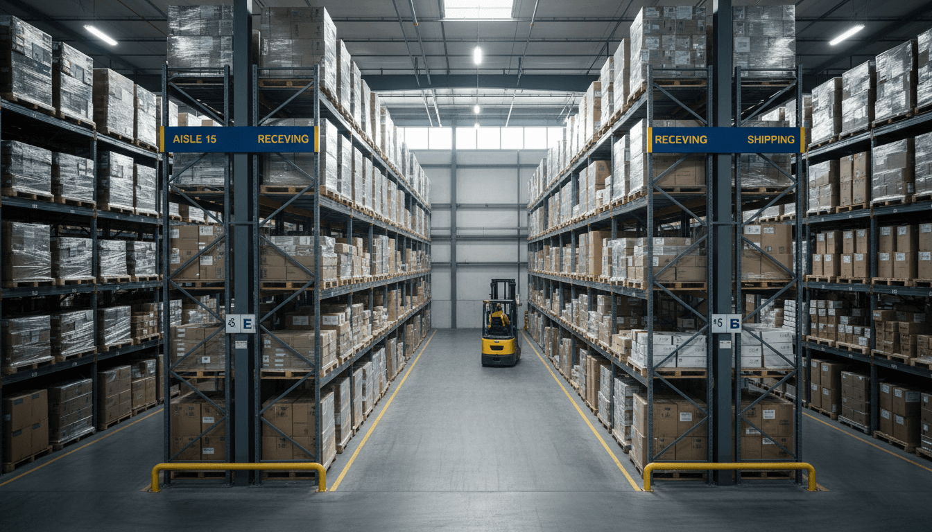 Modern distribution warehouse with palletized inventory on steel racking