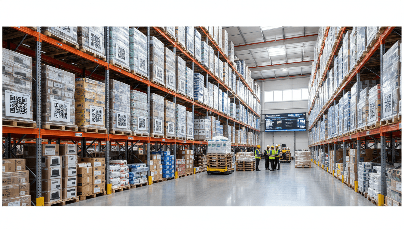 Modern warehouse with pallets and forklifts in operation.