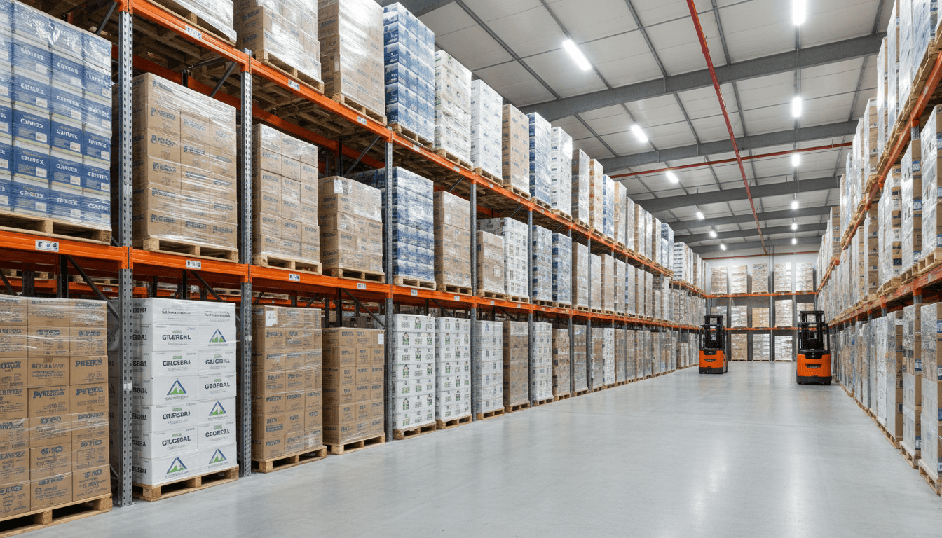 Organized warehouse pallets with branded consumer goods ready for distribution