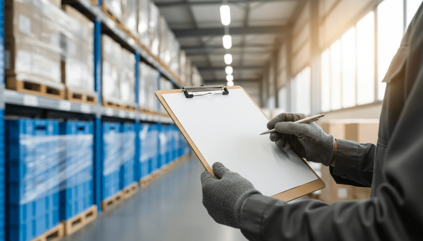 Close-up of hands reviewing a wholesale invoice document in a warehouse setting