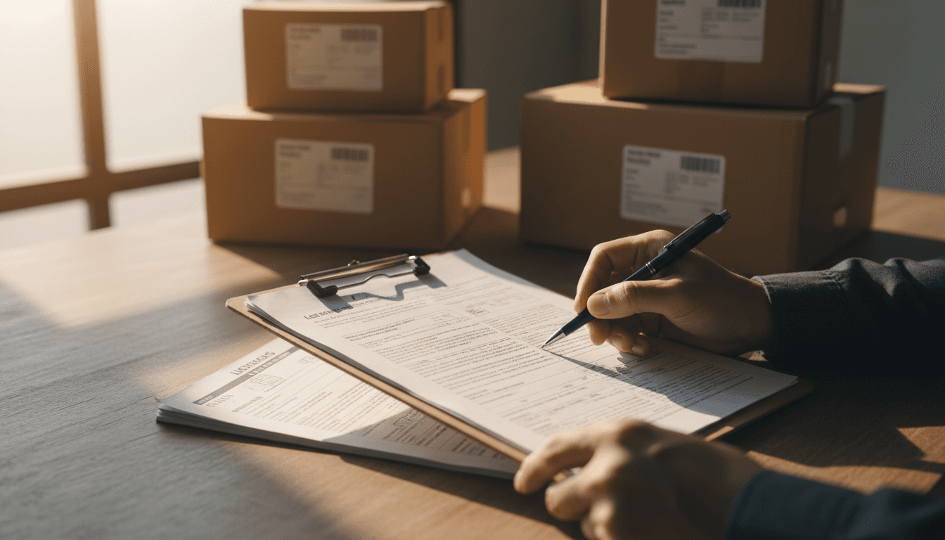 Logistics professional reviewing shipping documents and inventory paperwork