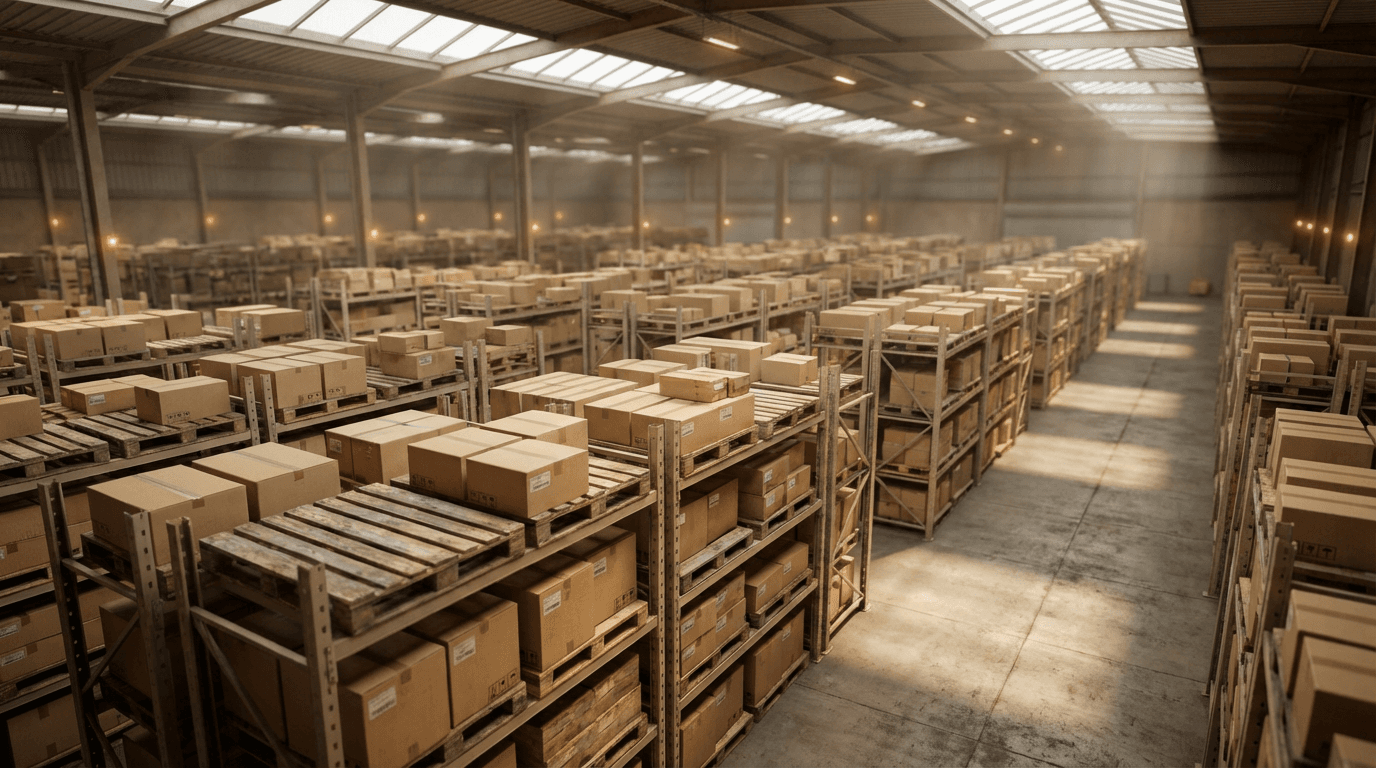 Aerial view of organized warehouse with consumer goods pallets