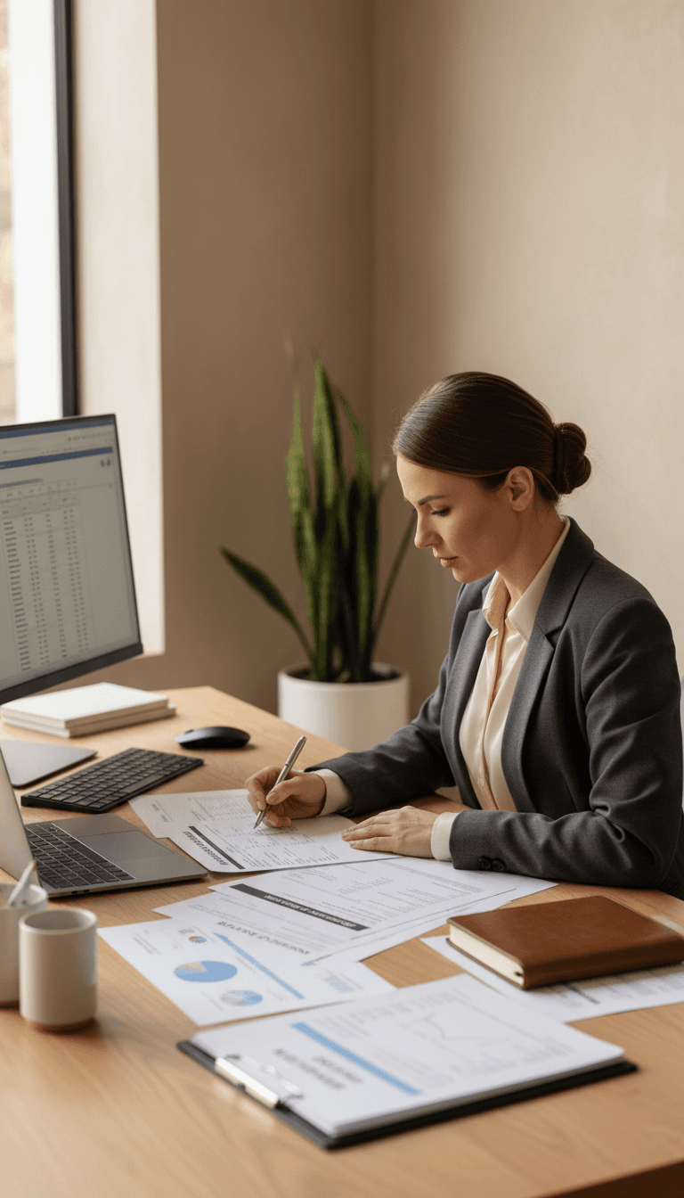 Business professional reviewing supply chain documents
