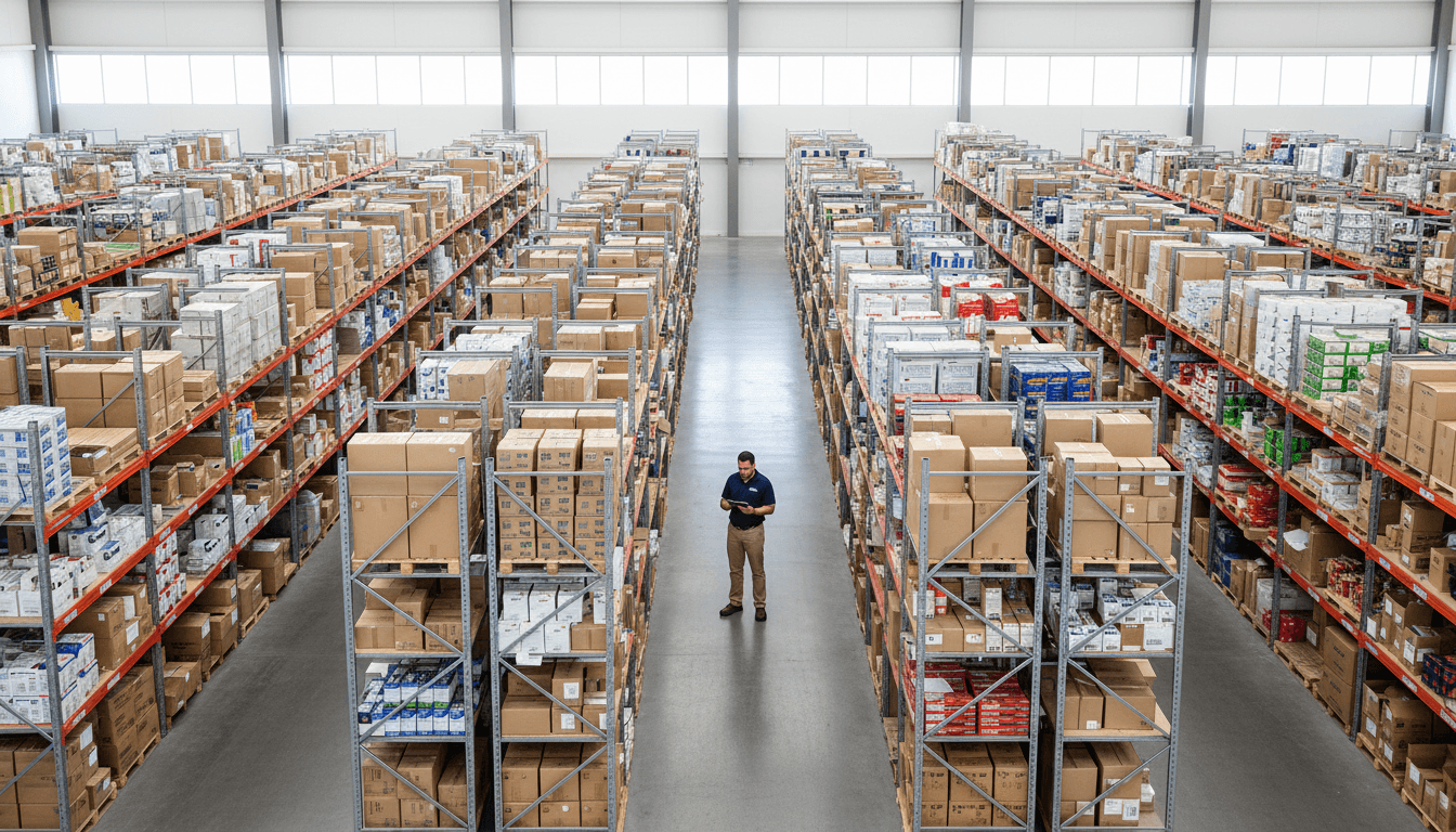 Professional supply chain worker reviewing inventory documents in modern warehouse