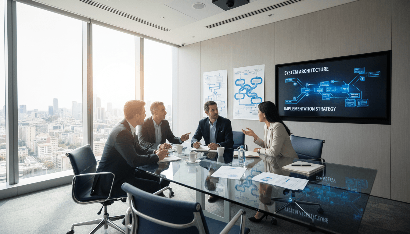 Diverse consulting team collaborating around conference table analyzing technology roadmaps and system architecture diagrams