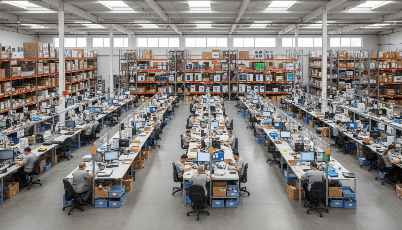 Modern distribution warehouse with neatly stacked pallets and boxes
