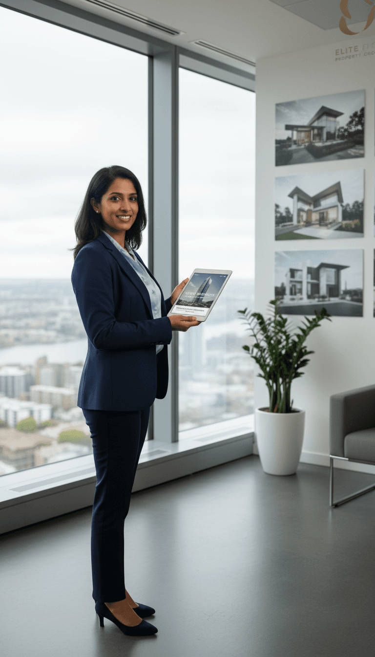 Professional real estate consultant standing in modern office holding tablet with property valuation information