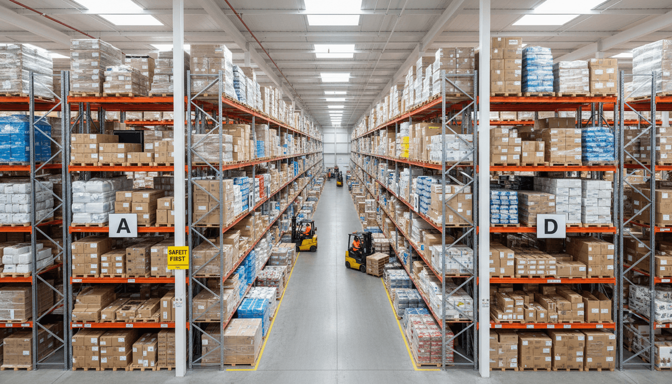 Wholesale distribution warehouse with neatly stacked pallets and boxes